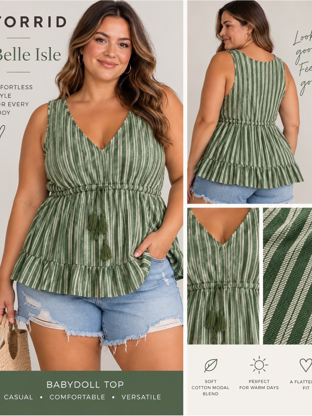 Torrid Green Striped Babydoll Top 3x